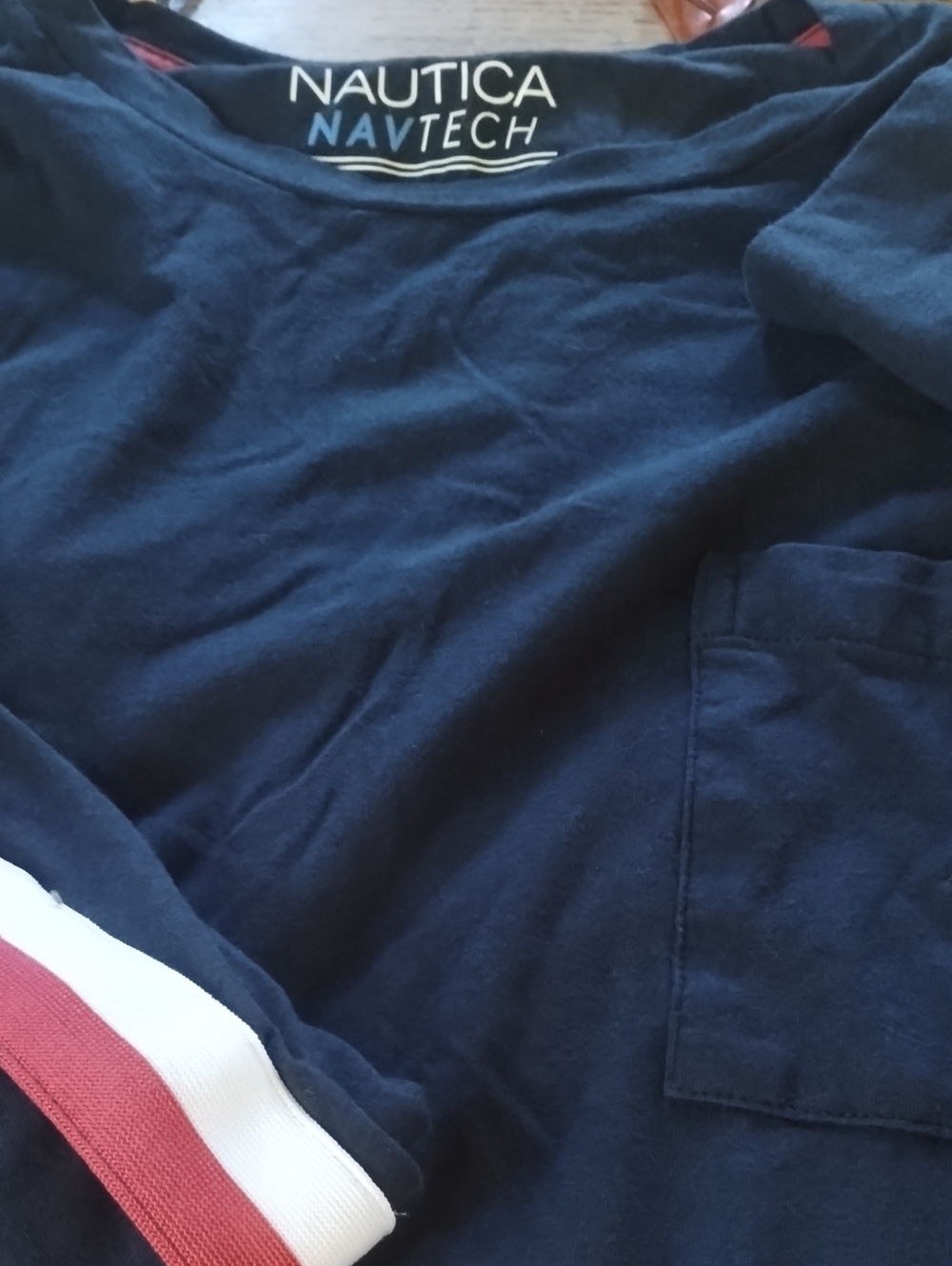 Nautica Navy Long Sleeve Pocket Tee with Red & White Cuff